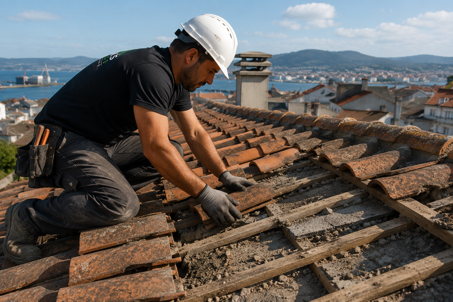 Especialista realizando la rehabilitación de una cubierta de teja en Ferrol, con trabajos de reparación de tejados, sustitución de tejas dañadas y mantenimiento de cubiertas para viviendas y edificios.