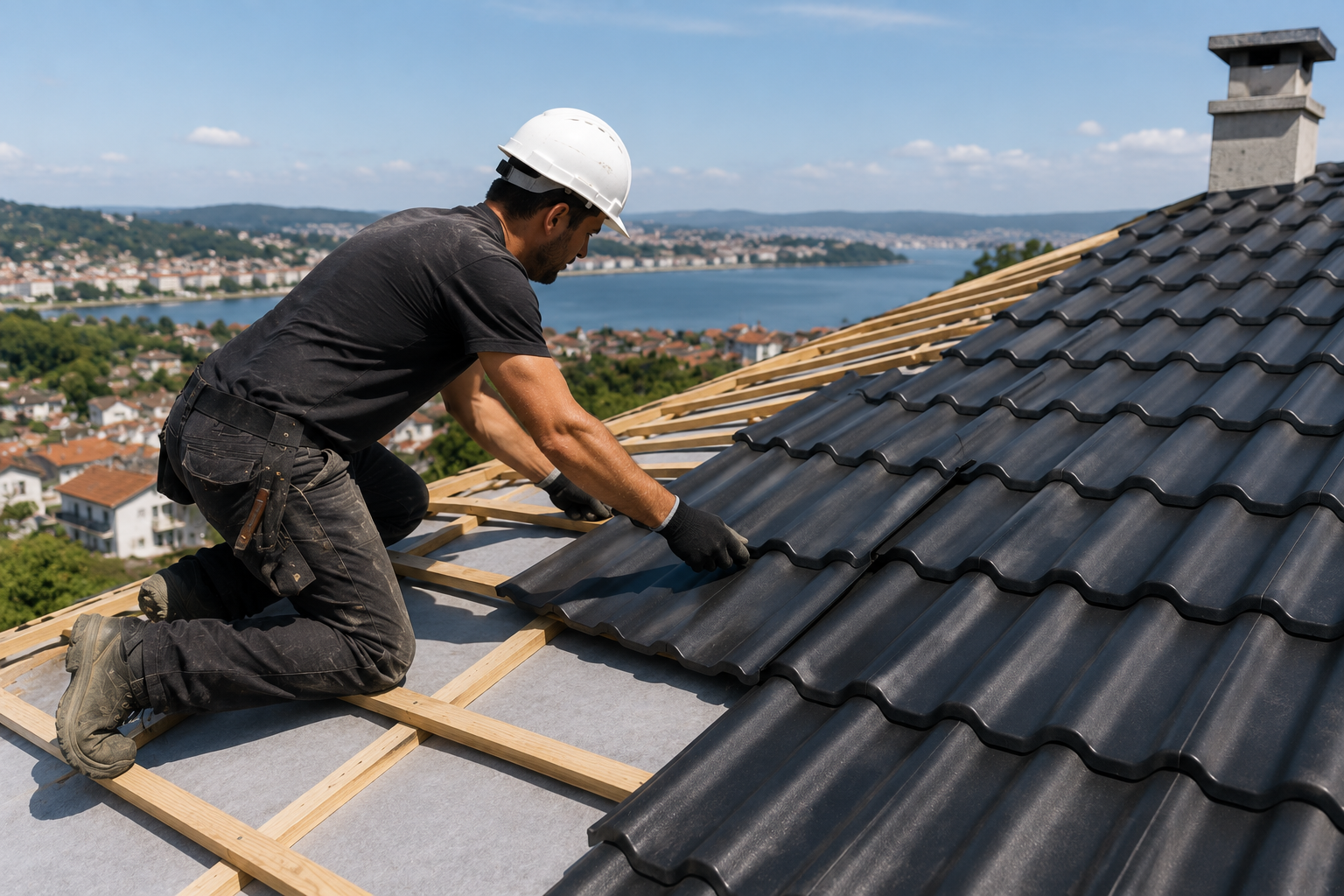 Profesional realizando la instalación de una cubierta en Ferrol, con montaje de tejado nuevo de teja para viviendas, garajes y edificios, garantizando aislamiento y protección frente a filtraciones.
