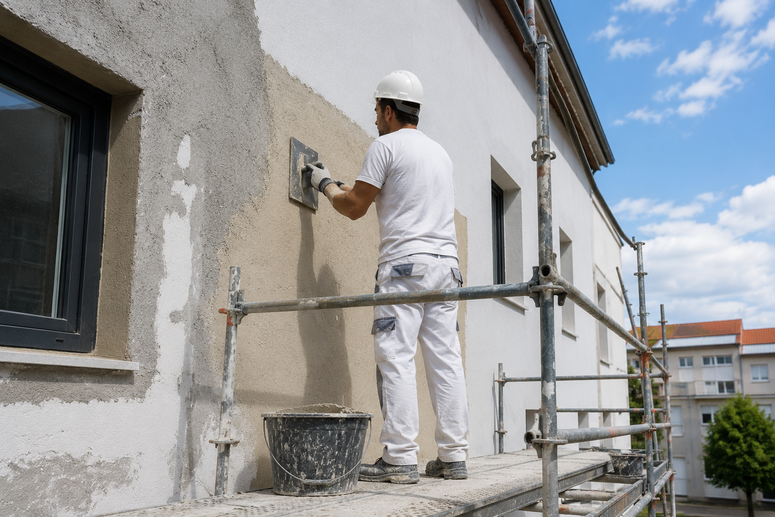 Profesional realizando la rehabilitación de una fachada en Ferrol mediante reparación de grietas, mejora del aislamiento e instalación de sistema SATE en edificios y viviendas.