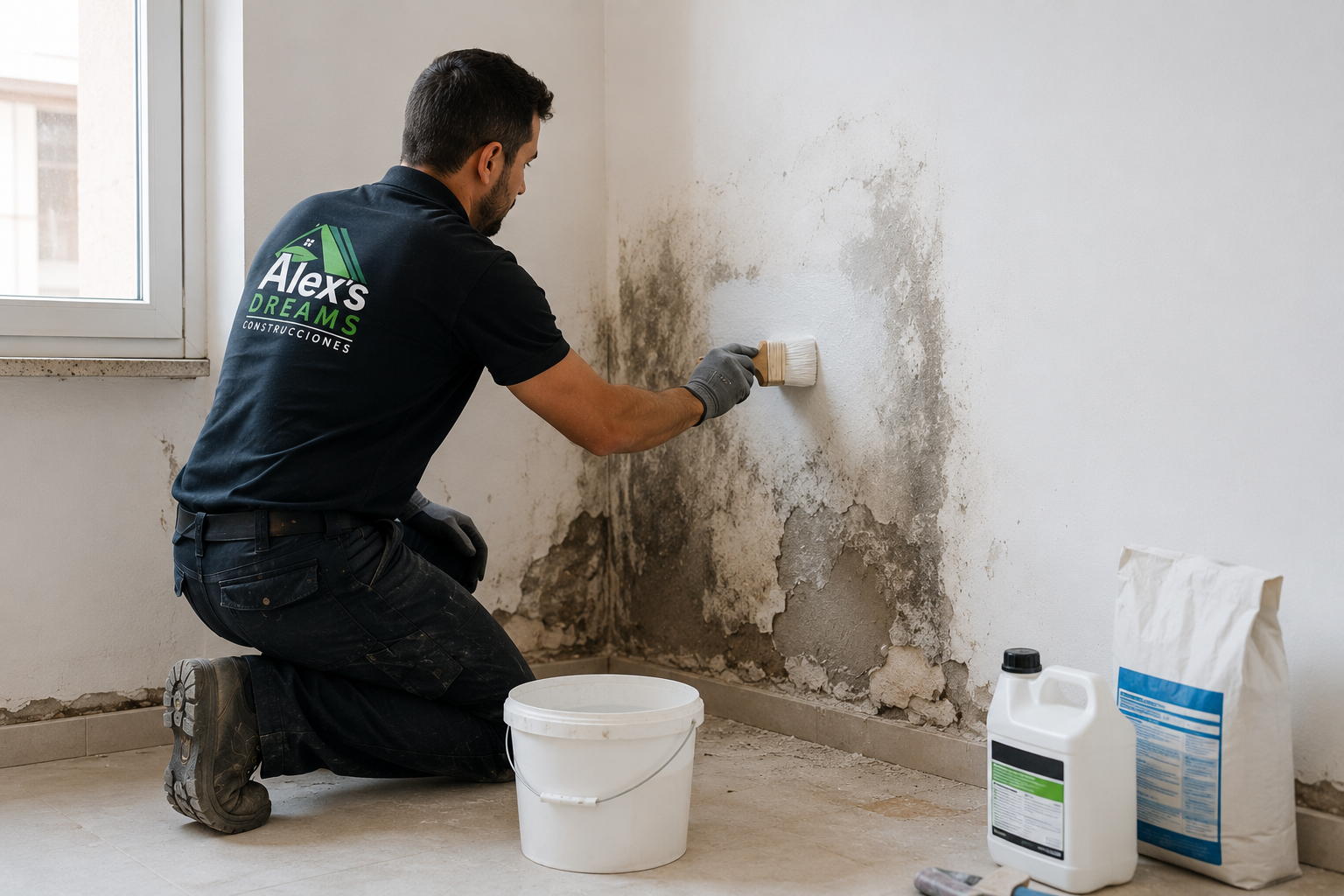 Especialista realizando una reparación de humedades en Ferrol mediante tratamiento de paredes afectadas por filtraciones, condensación y problemas de humedad en viviendas y edificios.